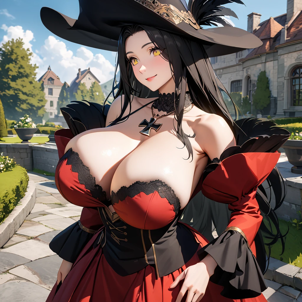 A woman wearing a European madame dress from the middle ages, long-sleeved red dress, black details on the clothes, iron cross necklace on her neck, wearing a long madame hat, hat with black feather, long black hair, bangs on the eyes, yellow eyes, smiling, big breasts, exposed breasts, outside a mansion, standing on a concrete sidewalk, wide view of lawn with some trees, blue sky with some clouds, smiling, European aesthetic from the 1700s,(solo woman) ,UHD , prime work , accurate , anatomically correct , textured skin , super details , high quality , best quality, 8k, high resolution, bokeh effect.
