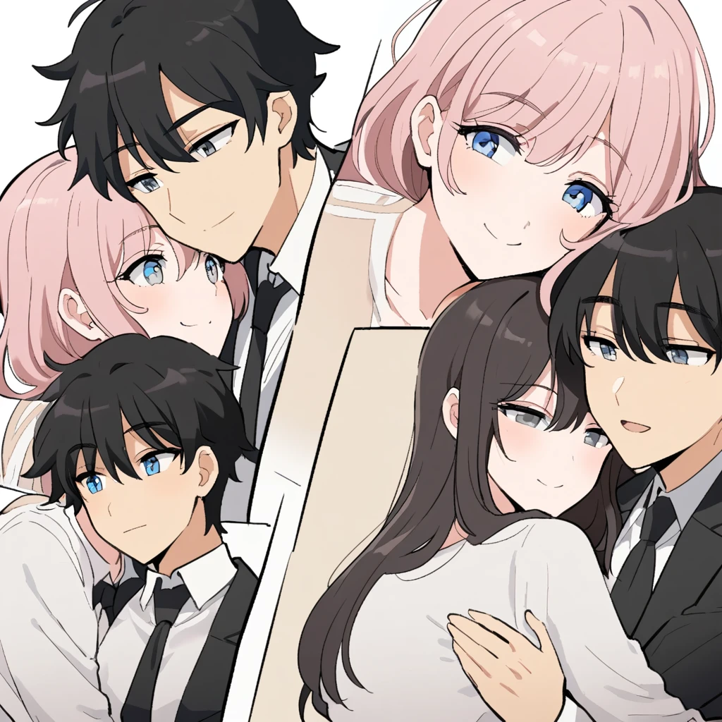 1 older woman with long, light pink hair and blue eyes,hugging unger boy with short black hair and gray eyes,(hug), ((Couple)),both with a white blouse and a black tie,smiling,White background, manhwa style