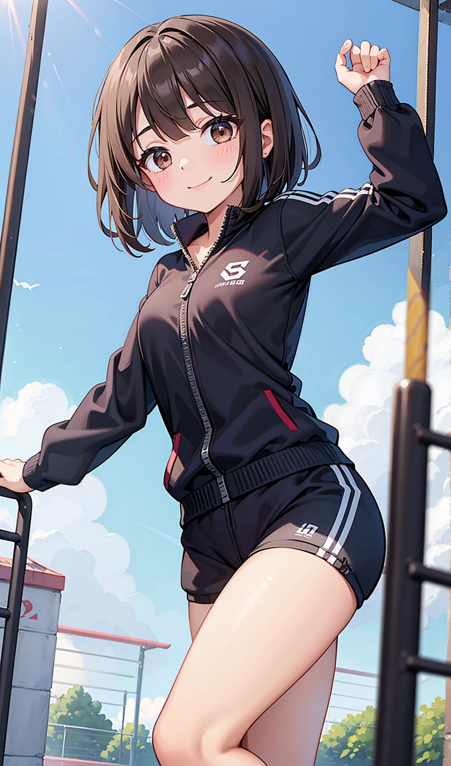 (One girl)、smile、first-class、Extremely delicate and beautiful、Gym suit、playground、Sweat、Dark brown short hair、Dark brown eyes