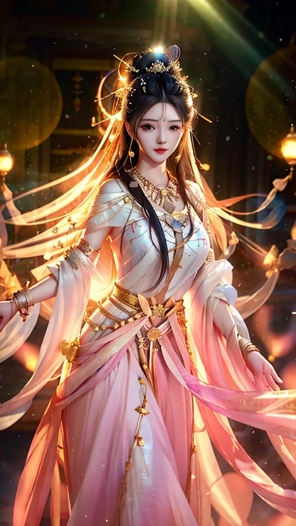 最high quality, masterpiece, High resolution, One girl,blush,(Captivating smile:0.8),Star-shaped pupils,White Dress,hair ornaments,necklace, jewelry,Beautiful Face,On top of that_body, Tyndall effect,Realistic, Dark studio, Rim Light, Two-tone lighting,(Skin with attention to detail:1.2), 8K Ultra HD, Digital SLR, Soft lighting, high quality, Volumetric lighting, Frank, photograph, High resolution, 4K, 8K, Bokeh,Huge ,Wide Hips,(Browsing Caution:0.6),