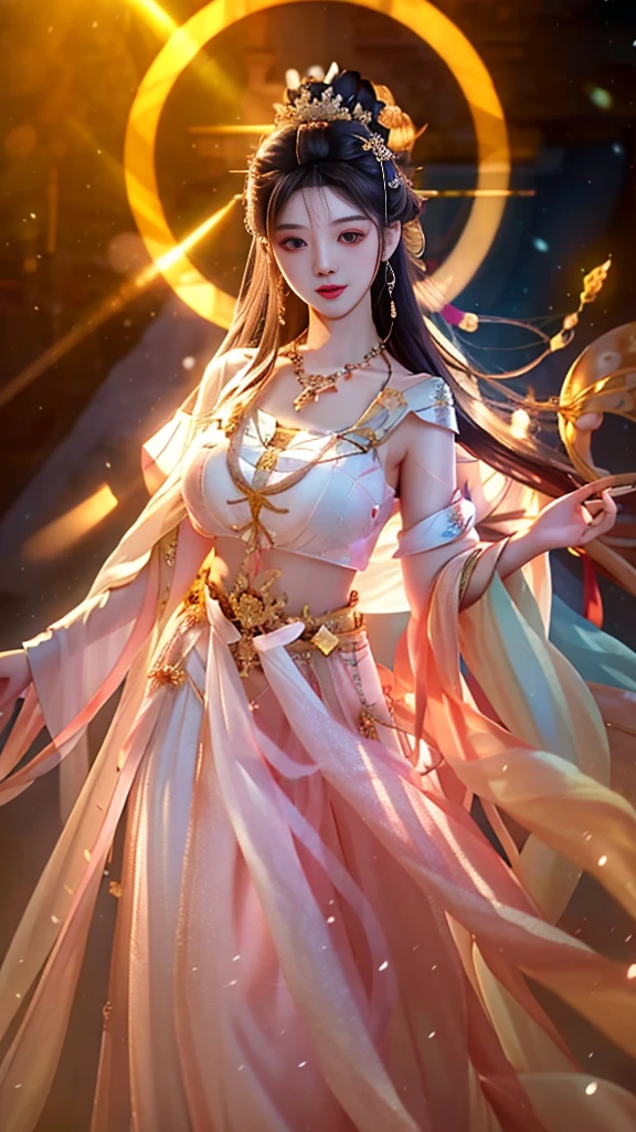 最high quality, masterpiece, High resolution, One girl,blush,(Captivating smile:0.8),Star-shaped pupils,White Dress,hair ornaments,necklace, jewelry,Beautiful Face,On top of that_body, Tyndall effect,Realistic, Dark studio, Rim Light, Two-tone lighting,(Skin with attention to detail:1.2), 8K Ultra HD, Digital SLR, Soft lighting, high quality, Volumetric lighting, Frank, photograph, High resolution, 4K, 8K, Bokeh,Huge ,Wide Hips,(Browsing Caution:0.6),