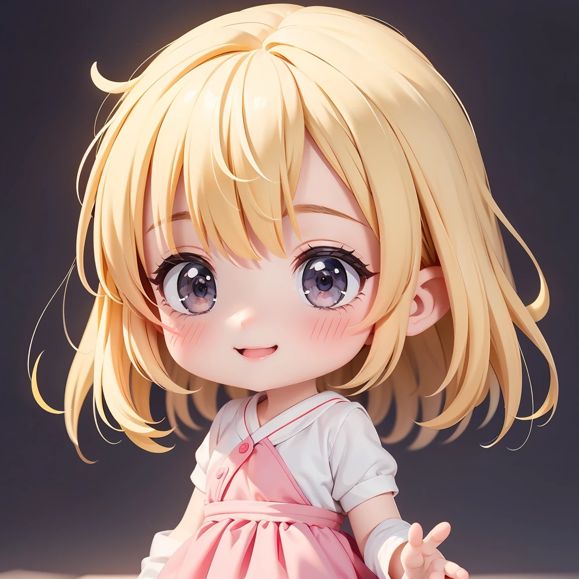 Super Chibi Character:1.8、wearing cute sandals、background:Simple all over、Blonde Hair、Cute old girl、Random cute outfits、Random and over-the-top poses:1.8、Looking this way、Super Happy Smile:1.8