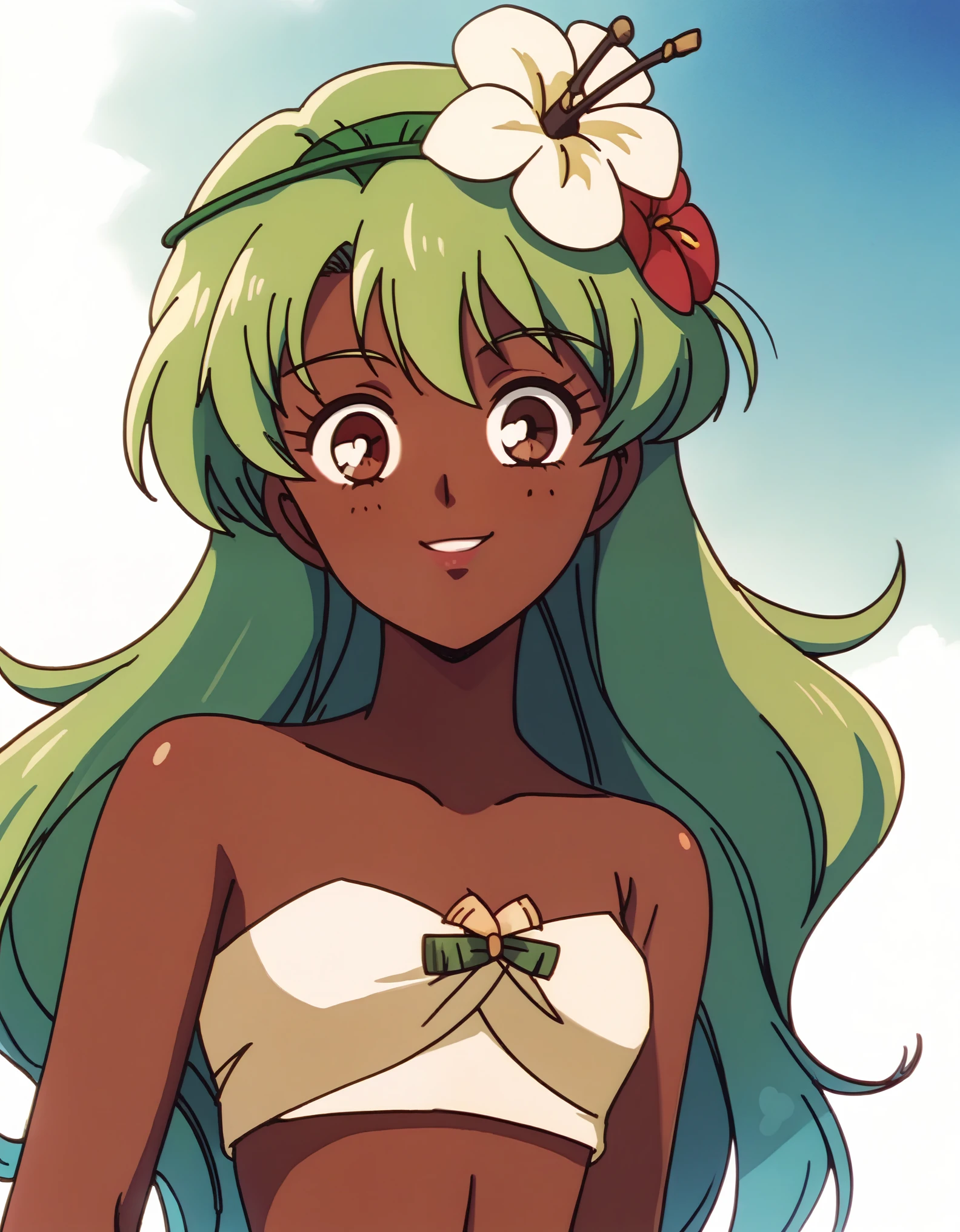 score_9, score_8_up, score_7_up, score_6_up, BREAK, source_cartoon, source_anime, 1girl, SadidaDG, amalia sheran sharm,, green hair, long hair, hair flower, dark skin, bare shoulders, tube top, upper body, smile, looking at viewer, solo, simple background