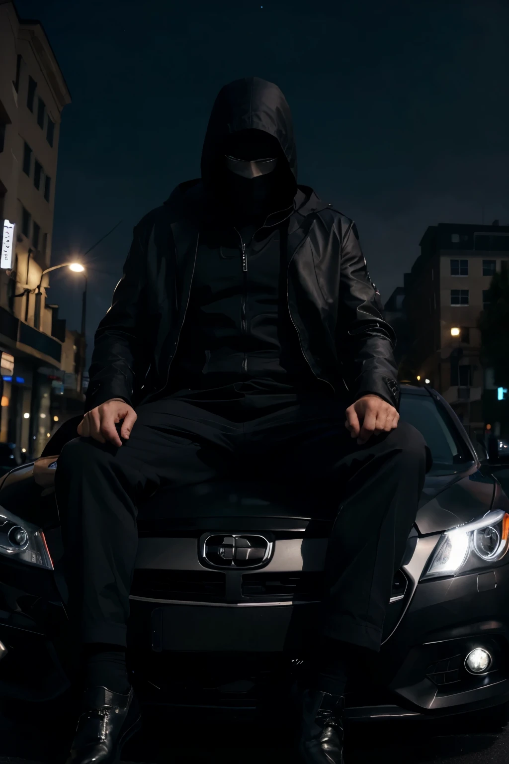 a dark black sports car with its doors raised up with the lights half on in the middle of the street with a man sitting on the hood of the car wearing a black suit with a large hood that covers his entire face and his feet touching the floor and his arms and hands are in the shape of praying, That his entire suit be dark black like Gothic capes but with the zipper open and a jacket covering.