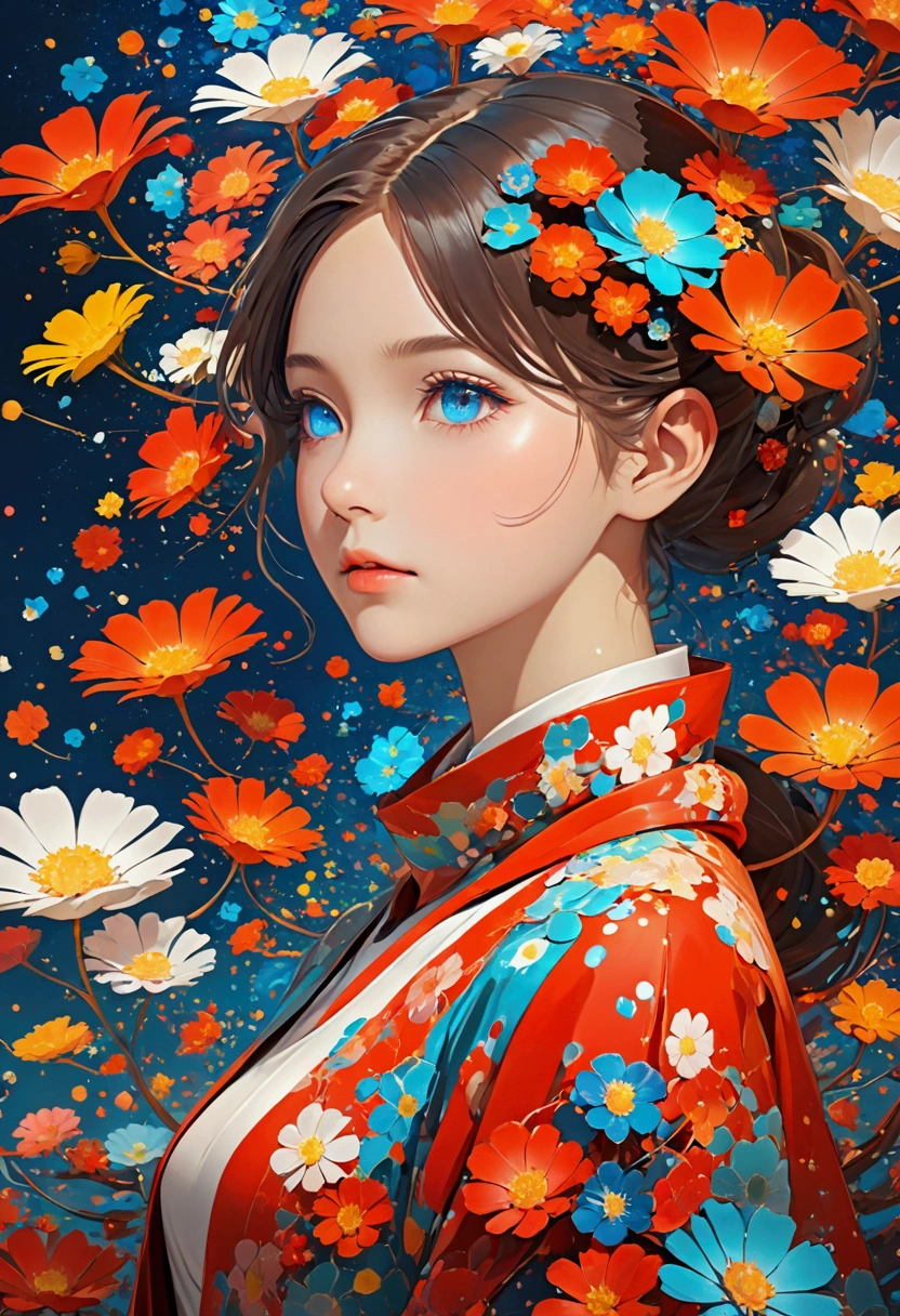 Anime style,Dynamic Angle,Beautiful girl with blue gradient dissolving pixels,The delicate face gradually disappears, Twisted but still fascinating, Thousand Flower Glass, swirl, Abstract Aesthetics, fantasy,magic,mystery,illusory,Dreamy,futuristic tech wear, red symmetry, Concept map of the scene, Ultra-high resolution, masterpiece, best quality,Octane Rendering,Concept map of the scene,