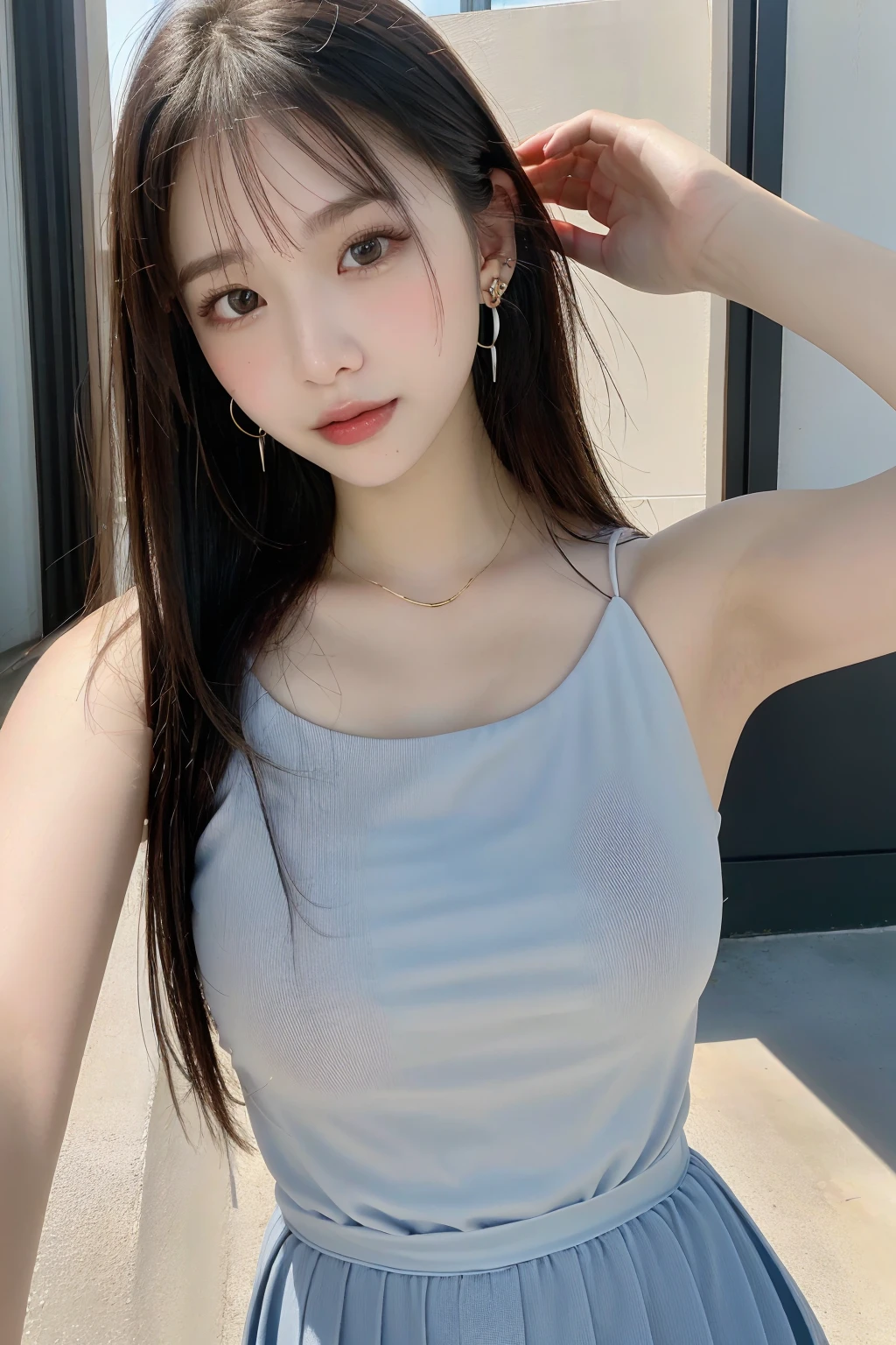 Mix 4, (8K, RAW Photos, Best image quality, masterpiece: 1.45), (Realistic, Realistic: 1.37), One Girl, cute, Realistic Background, Cityscape,Daytime,Professional Lighting, Photon Mapping, Radio City, Physically Based Rendering, Gradient Gray Hair, Shiny Hair, With a girl, Casual clothing,Tank top, cute夏服, Large Breasts:1.5, cute skirt,Highest quality photos, High resolution, 1080P, (Clear Face), (Detailed face description), (Detailed hand description), (masterpiece), (Exquisite CGI), Shiny hair,Highly detailed hair, (Detailed skin texture), Extreme light and shadow, Disheveled Hair, masterpiece, Rich details, (Beautiful Face), (Highest quality photos), (masterpiece), (fine grain), Look in front of you, Thin clavicle, ((Side bust )),(Underbust), Earrings,