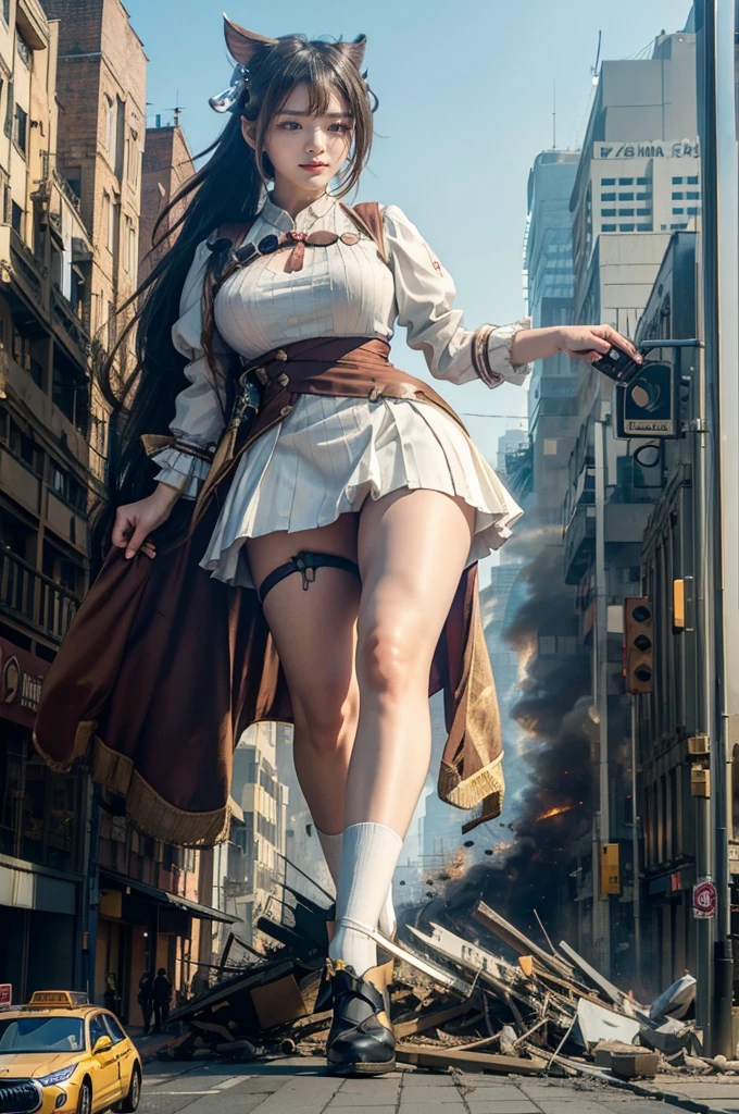 looking at the camera、steampunk、Standing on top of a ruined building、Big building explosion、The building collapses、Urban hustle and bustle、Traffic jam、City of Rubble、street tree、Car and bus、truck、taxi、City boulevard、Pedestrian bridge、Streetcar route((((Azur Lane Cheshire Cosplay))))、Frilled maid outfit、((Super huge breasts))、((Plump thighs))、Ground View,City of Giants,500 foot tall giant girl,skyscraper,Has super long legs,Step into the crowd,There are many people on the street,Knee-high socks,A happy look,Standing on the ruins,Beautiful appearance,Exquisite makeup,quality,8K,高quality,Perfect Proportions, Cinema Lighting,Film Grain,The Colors of Fuji,8K,Textured skin,Super Detail,High detail,high quality,High resolution,explode,False Smile、Reaching out