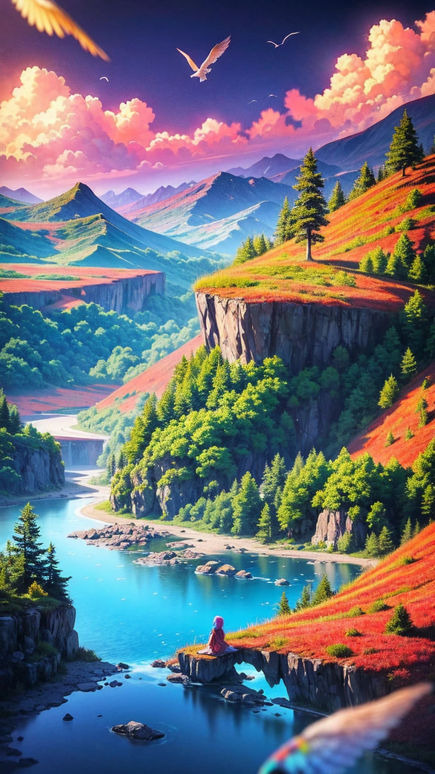 anime-style illustration, The image shows a young woman sitting watching overlooks the vast expanse of clear blue sky and underneath a large valley mountain, flower colorful color blue red green purple yellow, fantasy world medieval, rocks, tree branches, fallen leaves, birds, The scene is depicted in a highly saturated and vibrant style, intense and rich COLORS VIVID, strong exaggerated colors, , dramatic lighting, epic, majestic, awe-inspiring, mystical, ethereal, The sky above is clear blue sky, The atmosphere is full of magical color films, High Detail.