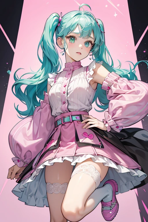 Haley is a light green skinned girl with normal black button eyes and bright, pale pink cheeks. She has short turquoise blue colored hair with wavy bangs and pigtails worn with very small spring pieces. She has dark pink bobbers on curly silver antennae on the top of her head.

Haley's outfit is complex, consisting of a platinum sequin dress with dark pink belts around her chest and waist. Her skirt has pink lining that matches a pale pink sequined skirt under the top layer. She also wears dark pink bloomers and pink leg-warmer pieces attached to her silver and hot pink shoes. SPARKLE; GLITTER