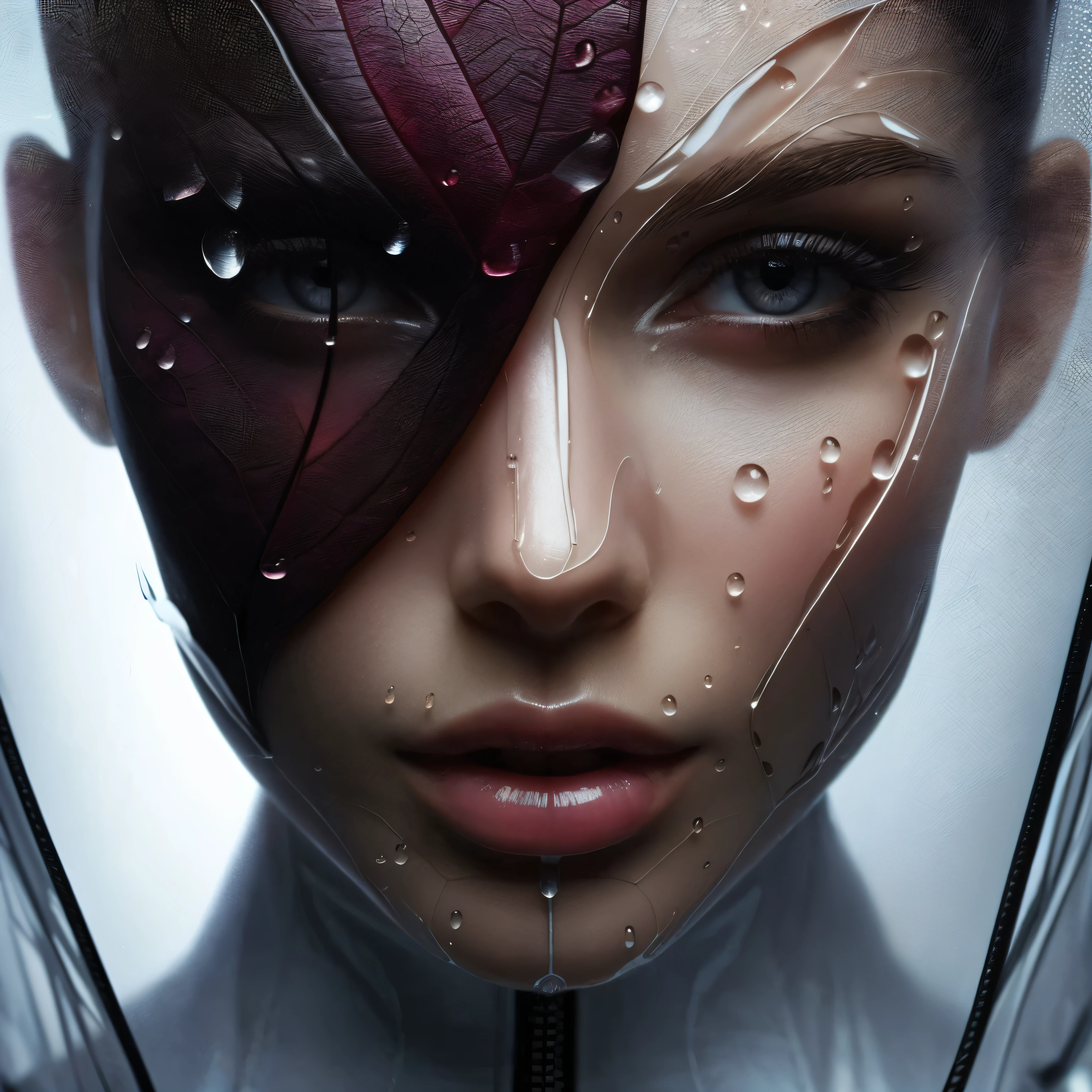 High contrast image, close up image of a dark maroon leaf with water droplets, subtle colored reflected by water droplets reflecting the beauty of a young woman, ultra tall ultra beautiful tech fashion woman, high cheekbones, white fabric, white plastic suit cover, futuristic tech design skin, tech imbedded in suit fabric, standing in transporter holodeck, full body shot, closeup, model dance, dynamic pose, sci fi