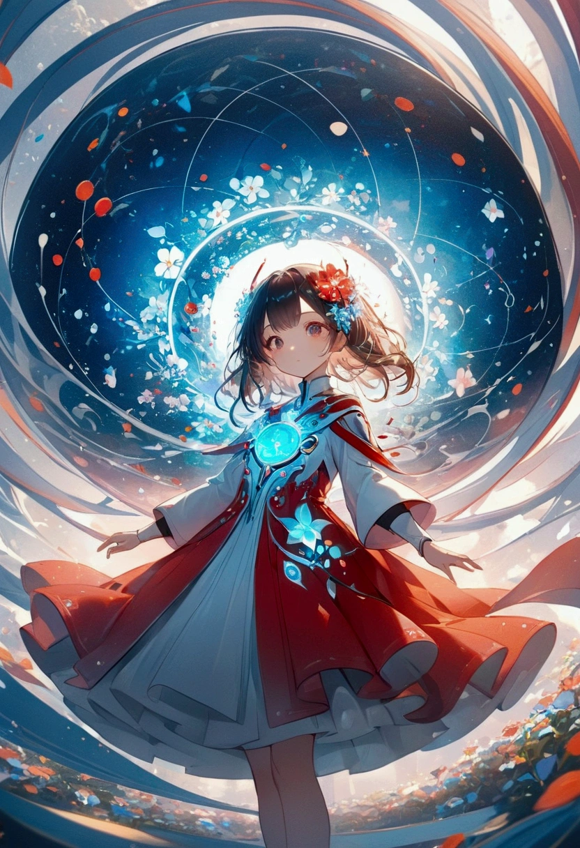 Anime style,Dynamic Angle,Beautiful girl with blue gradient dissolving pixels,The delicate face gradually disappears, Twisted but still fascinating, Thousand Flower Glass, swirl, Abstract Aesthetics, fantasy,magic,mystery,illusory,Dreamy,futuristic tech wear, red symmetry, Concept map of the scene, Ultra-high resolution, masterpiece, best quality,Octane Rendering,Concept map of the scene,