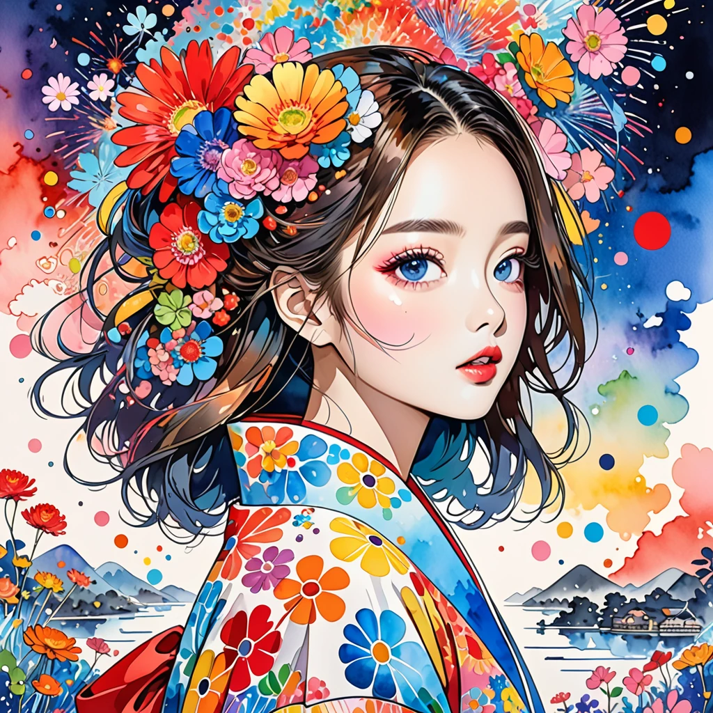 Takashi Murakami Style、(((stylish fashion))), 8K Quality、Intense watercolor, Detailed watercolor art, Watercolor splash, Surreal, avant-garde pop art, Beautiful and expressive paintings, Beautiful artwork illustration, Very colorful tones, wonderful, Cool beauty, highest quality、Official Art, Vector art, Stylish design, (((The most beautiful girl))), (((highest quality))), HDR, ((detailed)), (((Doodle Art)), ((masterpiece)), ((Super detailed)), (((Colorful flowers))),(((Stylish))), Simple line initials，Abstract art，Urban Background, Colorful Hearts ,(((The most beautiful girl of all time))), Microphotography, Anime girl made of glass in kimono silhouette, vibrant rainbow river, fireworks in night sky, colorful coral reefs, detailed illustration, Ukiyo-e style