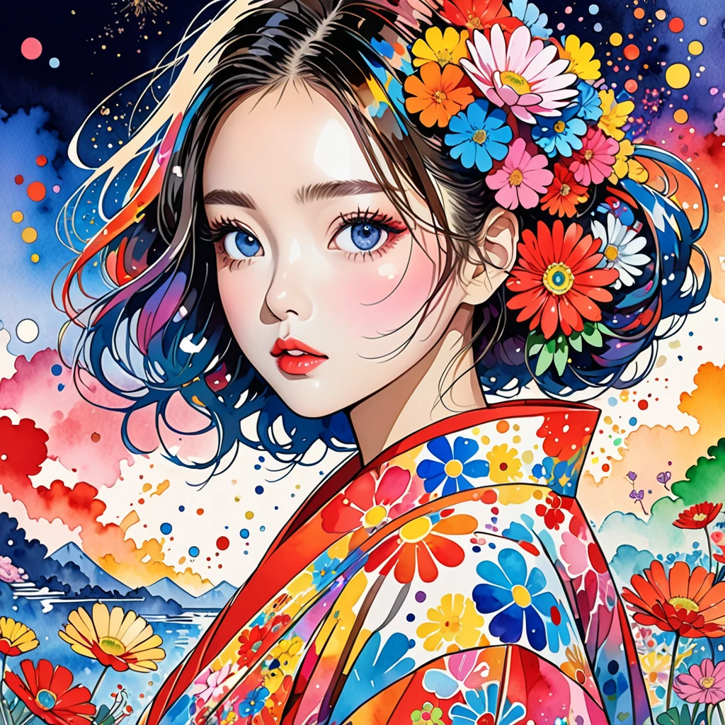 Takashi Murakami Style、(((stylish fashion))), 8K Quality、Intense watercolor, Detailed watercolor art, Watercolor splash, Surreal, avant-garde pop art, Beautiful and expressive paintings, Beautiful artwork illustration, Very colorful tones, wonderful, Cool beauty, highest quality、Official Art, Vector art, Stylish design, (((The most beautiful girl))), (((highest quality))), HDR, ((detailed)), (((Doodle Art)), ((masterpiece)), ((Super detailed)), (((Colorful flowers))),(((Stylish))), Simple line initials,Abstract art,Urban Background, Colorful Hearts ,(((The most beautiful girl of all time))), Microphotography, Anime girl made of glass in kimono silhouette, vibrant rainbow river, fireworks in night sky, colorful coral reefs, detailed illustration, Ukiyo-e style