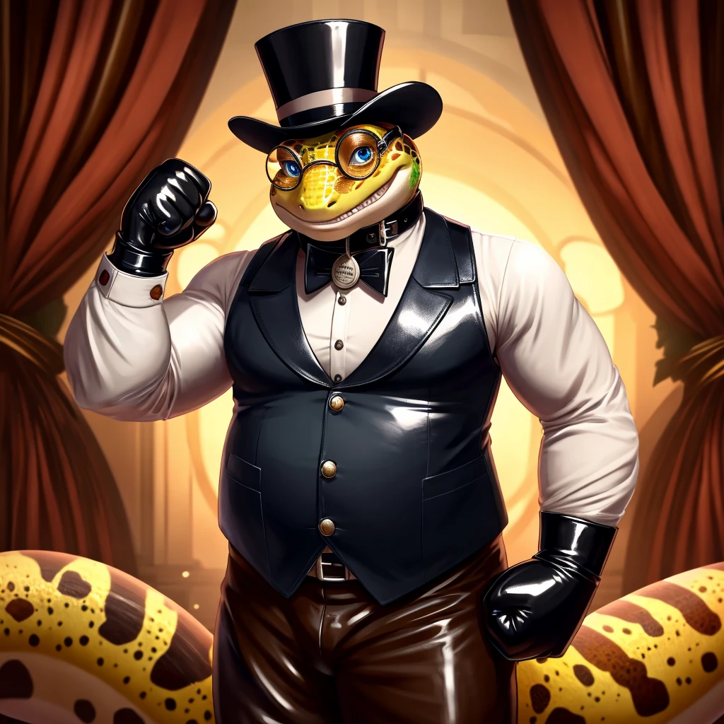 Solo, Male, fat, extremely obese, gentleman, dapper Professor Gecko, blue eyes, (posing:1.3), (soft shading), 4k, hi res, ((detailed face, detailed)), looking at viewer, mouth wide open, steampunk, collared shirt with buttons, top hat, male focus, Explorer Outfit, glasses, monocle, vest with buttons, sleeves rolled up, round eyewear, brown headwear, brown vest, Gecko is wearing a glossy leather dog collar around the neck, Gecko is wearing the leather collar and shirt and vest at the same time, Gecko is wearing glossy white rubber gloves on the hands, wearing white rubber gloves on the feet, gloves are rubber in texture, clenching teeth, clenching fists, leather collar is glossy and shiny with a lot of detail, Gecko is wearing gloves and leather collar at the same time, leather collar has a round dog-tag, leather collar is thick and detailed, leather collar is glossy and shiny, fancy clothing, dapper vest, dapper shirt, leather collar is thick.