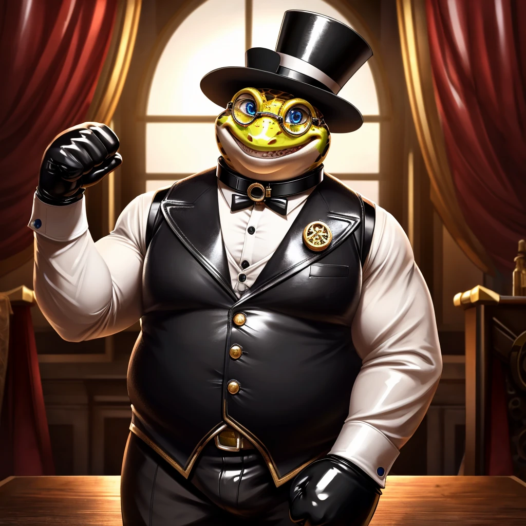 Solo, Male, fat, extremely obese, gentleman, dapper Professor Gecko, blue eyes, (posing:1.3), (soft shading), 4k, hi res, ((detailed face, detailed)), looking at viewer, mouth wide open, steampunk, collared shirt with buttons, top hat, male focus, Explorer Outfit, glasses, monocle, vest with buttons, sleeves rolled up, round eyewear, brown headwear, brown vest, Gecko is wearing a glossy leather dog collar around the neck, Gecko is wearing the leather collar and shirt and vest at the same time, Gecko is wearing glossy white rubber gloves on the hands, wearing white rubber gloves on the feet, gloves are rubber in texture, clenching teeth, clenching fists, leather collar is glossy and shiny with a lot of detail, Gecko is wearing gloves and leather collar at the same time, leather collar has a round dog-tag, leather collar is thick and detailed, leather collar is glossy and shiny, fancy clothing, dapper vest, dapper shirt, leather collar is thick.