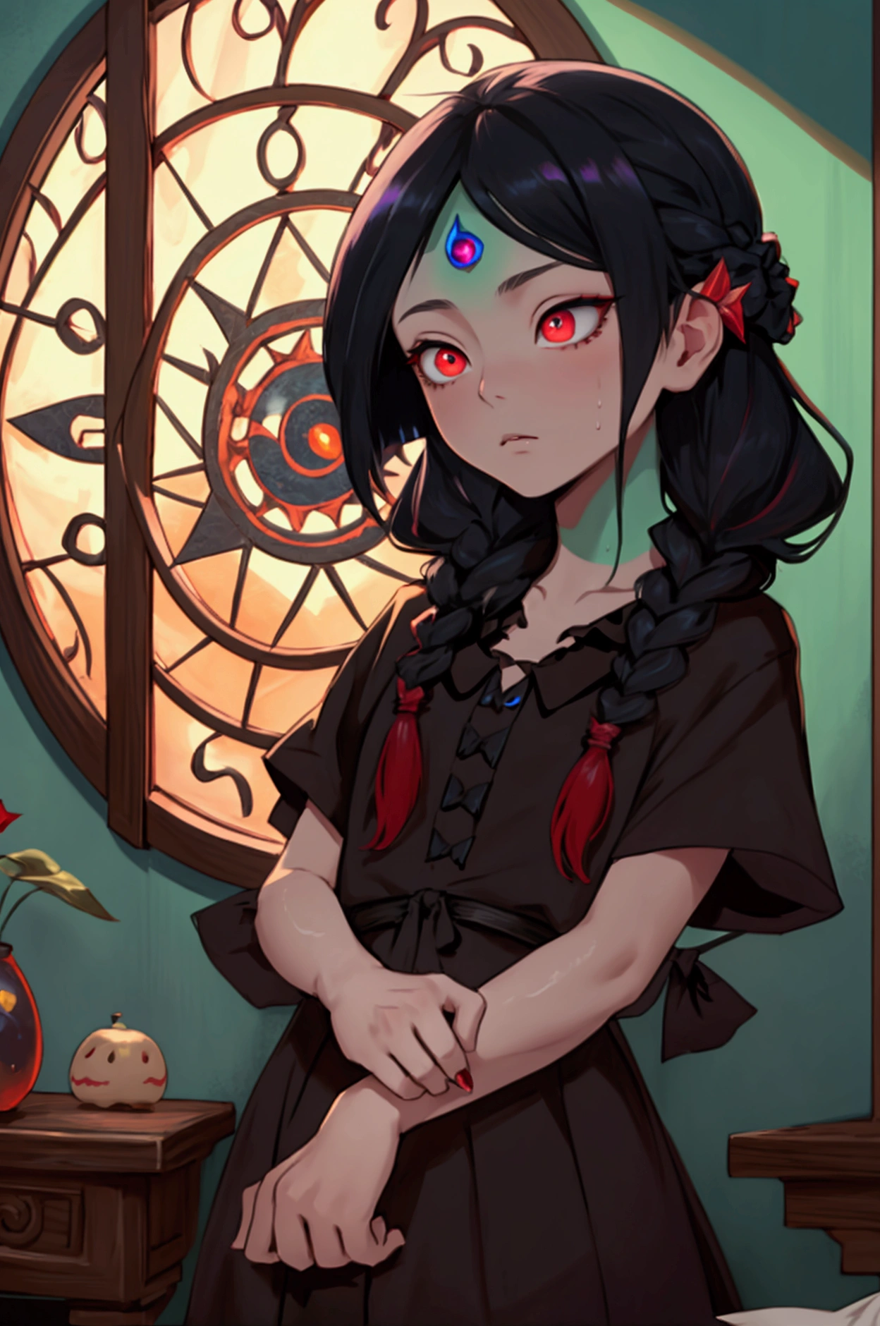 1 neeko (smooth lighting), ((Beautiful eyes))30mm lens,wide shot layout,wednesday addams BREAK 12years old,black hair,pale skin,red eyes,jitome,hollow eyes, half-closed eyes,detailed eyes,beautiful eyes,hair ornaments at hexagram,(braid),ashamed,troubled expression,best quality,ultra-detailed,(masterpiece),sweat,looking away, In old hotel