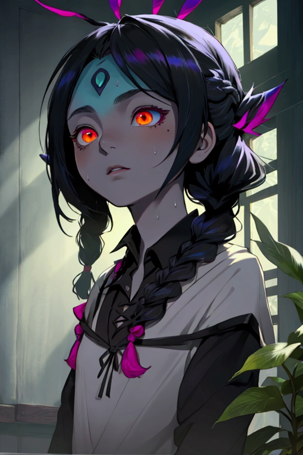 1 neeko (smooth lighting), ((Beautiful eyes))30mm lens,wide shot layout,wednesday addams BREAK old,black hair,pale skin,red eyes,jitome,hollow eyes, half-closed eyes,detailed eyes,beautiful eyes,hair ornaments at hexagram,(braid),ashamed,troubled expression,best quality,ultra-detailed,(masterpiece),sweat,looking away, In old hotel