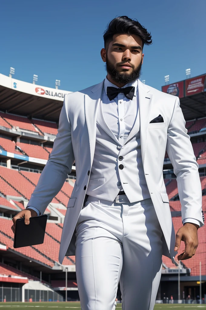 20 year old athletic man from samoa, black hair, beard, wearing white business suit, at football stadium