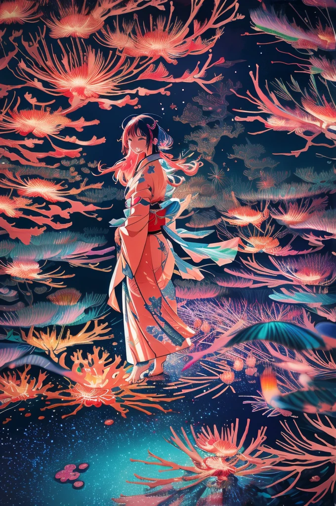 Microphotography, Anime girl made of glass in kimono silhouette, vibrant rainbow river, fireworks in night sky, colorful coral reefs, detailed illustration, Ukiyo-e style