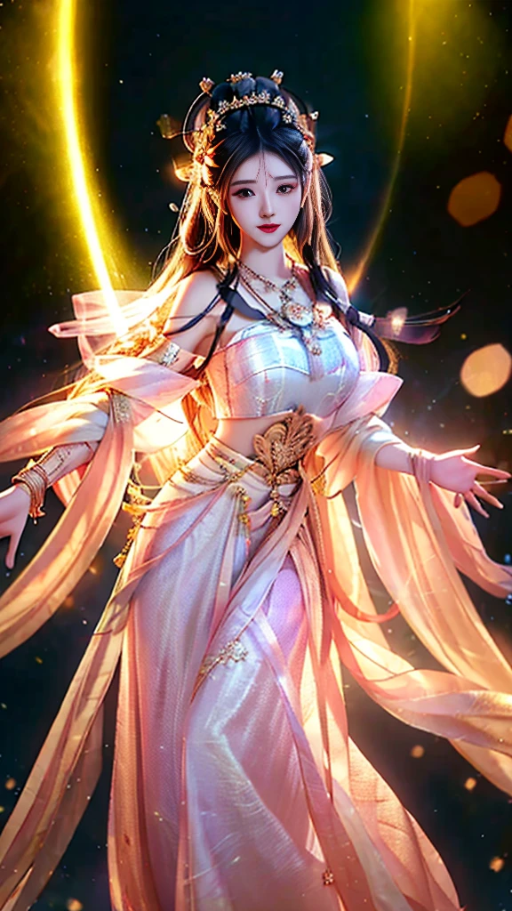 最high quality, masterpiece, High resolution, One girl,blush,(Captivating smile:0.8),Star-shaped pupils,White Dress,hair ornaments,necklace, jewelry,Beautiful Face,On top of that_body, Tyndall effect,Realistic, Dark studio, Rim Light, Two-tone lighting,(Skin with attention to detail:1.2), 8K Ultra HD, Digital SLR, Soft lighting, high quality, Volumetric lighting, Frank, photograph, High resolution, 4K, 8K, Bokeh,Huge ,Wide Hips,(Browsing Caution:0.6),