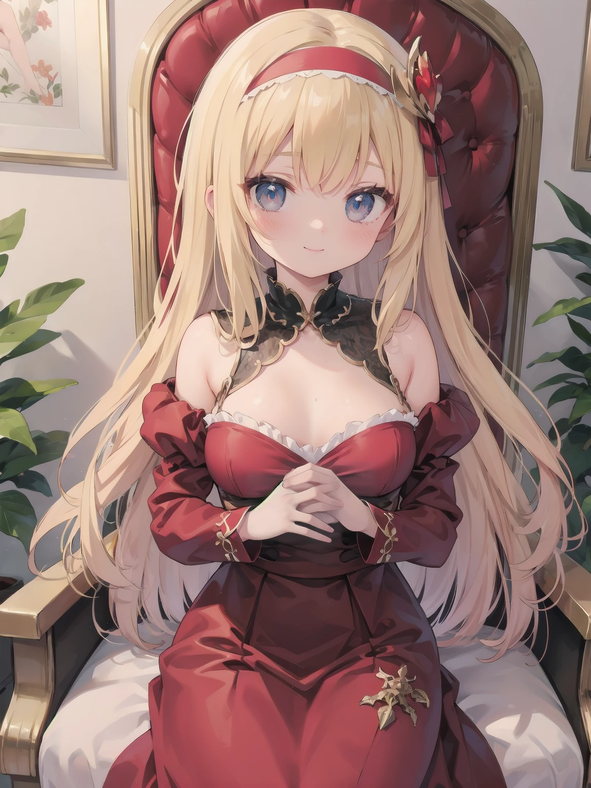 score_9, score_8_up, score_7_up, score_6_up, source_anime, 1girl, solo, defAlexia, long hair, blonde hair, red hairband, brooch, red ballgown, puffy sleeves, frilled sleeves, looking at you, smile, sitting on throne, throne, indoors, stone walls, worried, hand to own chest