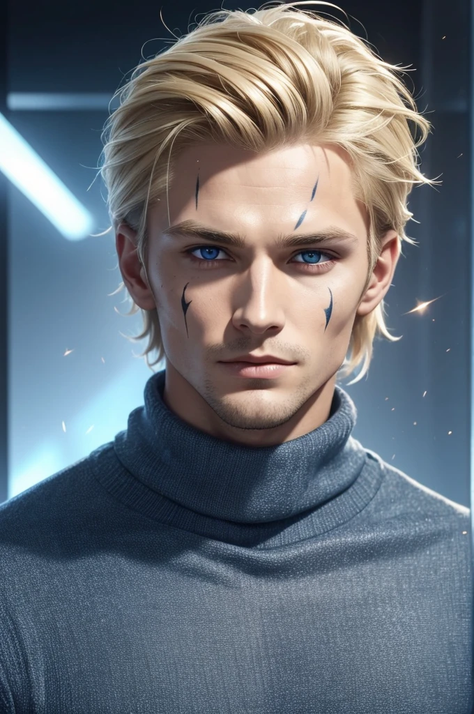 young man with blonde hair combed back. With dark and serious blue eyes, **he has multiple diagonal scars that go from one side of his face to the other as if they were scratches****he has multiple diagonal scars that go from one side of his face to the other as if they were scratches****he has multiple diagonal scars that go from one side of his face to the other as if they were scratches****he has multiple diagonal scars that go from one side of his face to the other as if they were scratches****he has multiple diagonal scars that go from one side of his face to the other as if they were scratches****he has multiple diagonal scars that go from one side of his face to the other as if they were scratches****he has multiple diagonal scars that go from one side of his face to the other as if they were scratches**. The expression on his face is serene and contemplative. He wears a blue turtleneck sweater with long sleeves that cover his hands. Large white wings extend from his back, like those of an angel. musculoso
