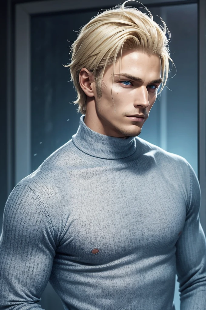 young man with blonde hair combed back. With dark and serious blue eyes, **he has multiple diagonal scars that go from one side of his face to the other as if they were scratches****he has multiple diagonal scars that go from one side of his face to the other as if they were scratches****he has multiple diagonal scars that go from one side of his face to the other as if they were scratches****he has multiple diagonal scars that go from one side of his face to the other as if they were scratches****he has multiple diagonal scars that go from one side of his face to the other as if they were scratches****he has multiple diagonal scars that go from one side of his face to the other as if they were scratches****he has multiple diagonal scars that go from one side of his face to the other as if they were scratches**. The expression on his face is serene and contemplative. He wears a blue turtleneck sweater with long sleeves that cover his hands. Large white wings extend from his back, like those of an angel. musculoso