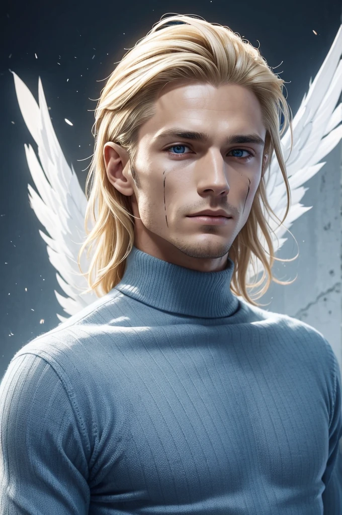 young man with blonde hair combed back. With dark and serious blue eyes, **he has multiple diagonal scars that go from one side of his face to the other as if they were scratches****he has multiple diagonal scars that go from one side of his face to the other as if they were scratches****he has multiple diagonal scars that go from one side of his face to the other as if they were scratches****he has multiple diagonal scars that go from one side of his face to the other as if they were scratches****he has multiple diagonal scars that go from one side of his face to the other as if they were scratches****he has multiple diagonal scars that go from one side of his face to the other as if they were scratches****he has multiple diagonal scars that go from one side of his face to the other as if they were scratches**. The expression on his face is serene and contemplative. He wears a blue turtleneck sweater with long sleeves that cover his hands. Large white wings extend from his back, like those of an angel. musculoso