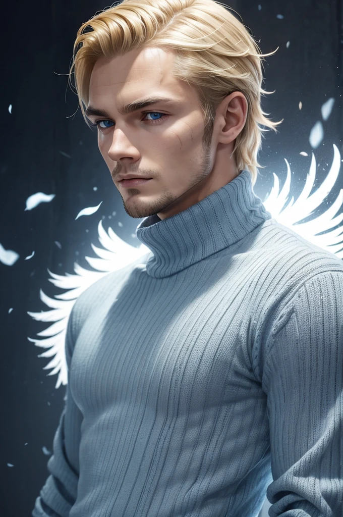 young man with blonde hair combed back. With dark and serious blue eyes, **he has multiple diagonal scars that go from one side of his face to the other as if they were scratches****he has multiple diagonal scars that go from one side of his face to the other as if they were scratches****he has multiple diagonal scars that go from one side of his face to the other as if they were scratches****he has multiple diagonal scars that go from one side of his face to the other as if they were scratches****he has multiple diagonal scars that go from one side of his face to the other as if they were scratches****he has multiple diagonal scars that go from one side of his face to the other as if they were scratches****he has multiple diagonal scars that go from one side of his face to the other as if they were scratches**. The expression on his face is serene and contemplative. He wears a blue turtleneck sweater with long sleeves that cover his hands. Large white wings extend from his back, like those of an angel. musculoso