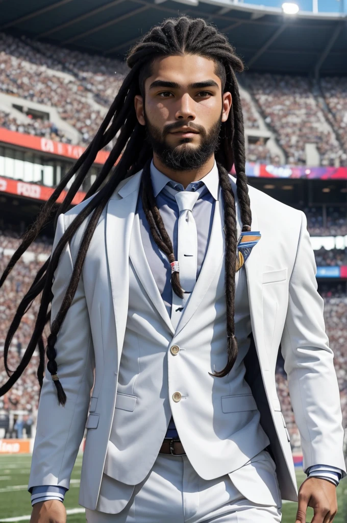 20 year old athletic man from samoa, long black dreadlock hair, beard, wearing white business suit, at football stadium