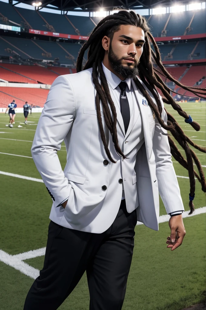 20 year old athletic man from samoa, long black dreadlock hair, beard, wearing white business suit, at football stadium