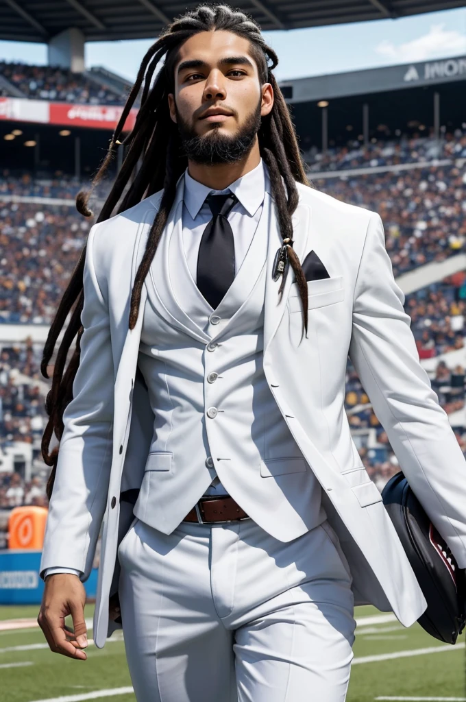 20 year old athletic man from samoa, long black dreadlock hair, beard, wearing white business suit, at football stadium