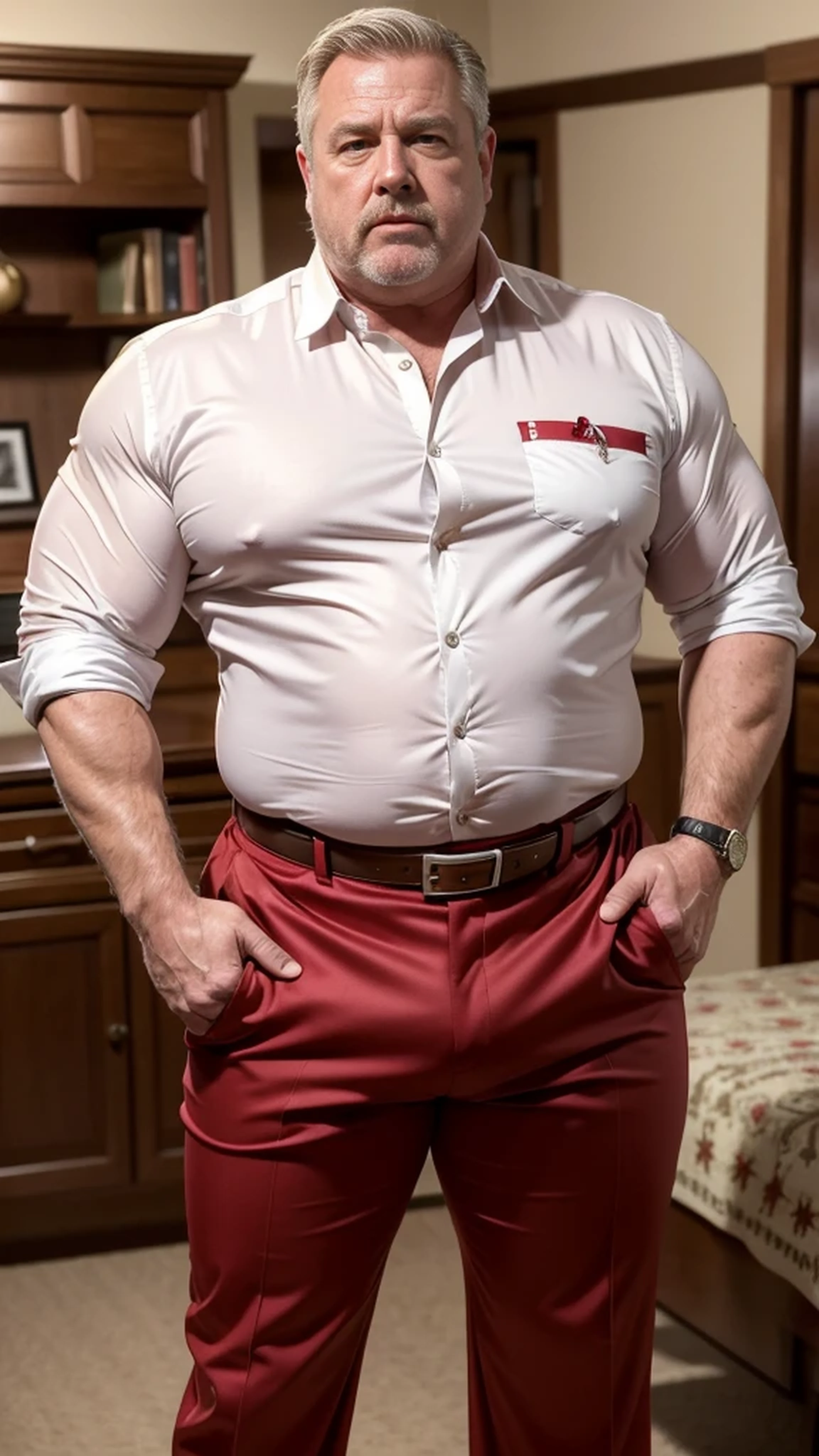 (best quality,4k,8k,highres,masterpiece:1.2), age 60, white man sheriff , horny disgusting, muscular chubby, kind, opened red silk shirt, mature daddy, Dress Pants with big bulge, hairy chest hard nipple, belt, loafer,