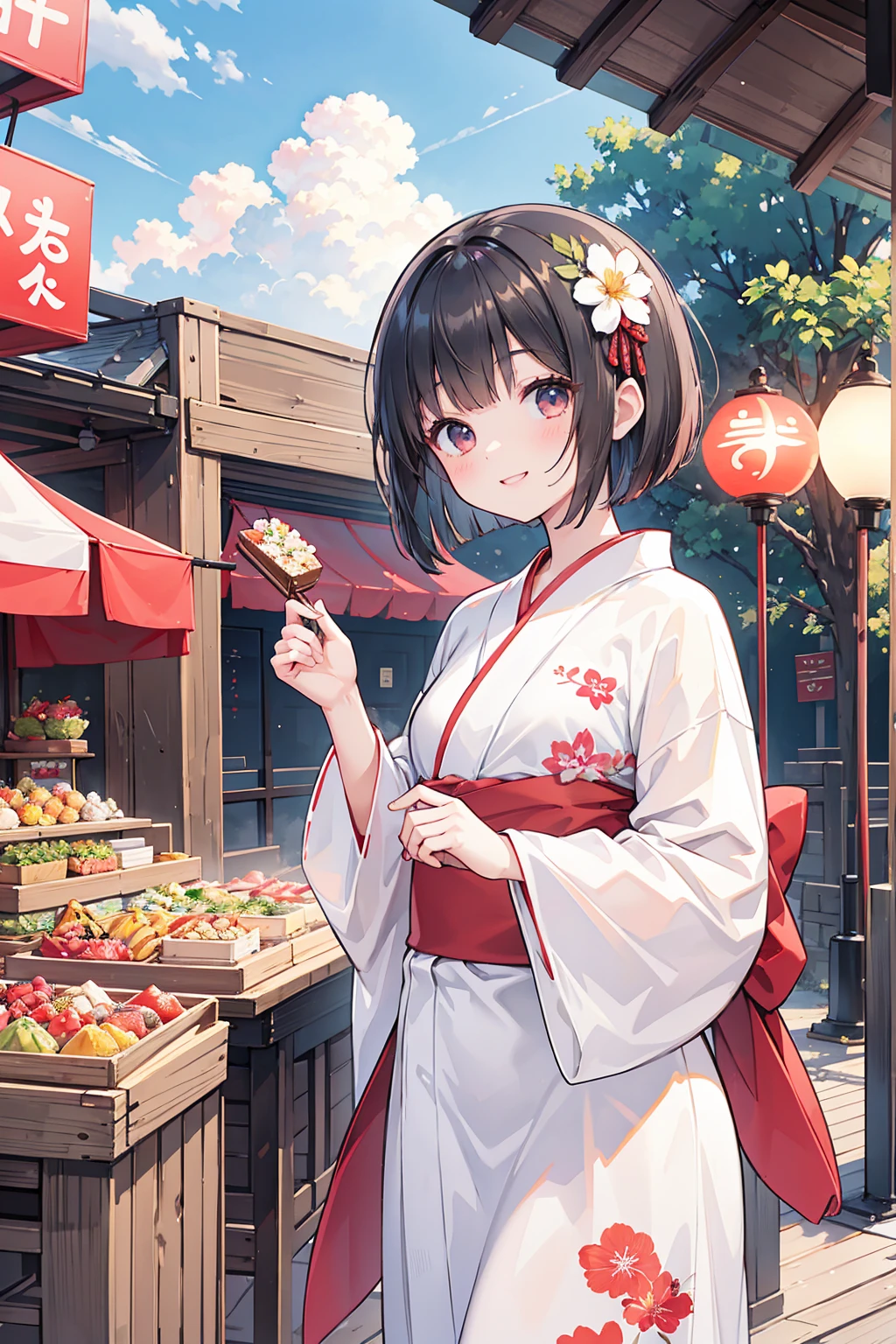 Photorealistic、Highest quality、Highest Resolution、Highest quality、８Ｋ、1人のBeautiful woman、Beautiful woman、Beautiful woman、cute、Bob Cut Hair、Dark Hair Color、Floral red yukata、Summer festival、noon、morning、cloudy、Lots of food stalls、looks fun、smile、