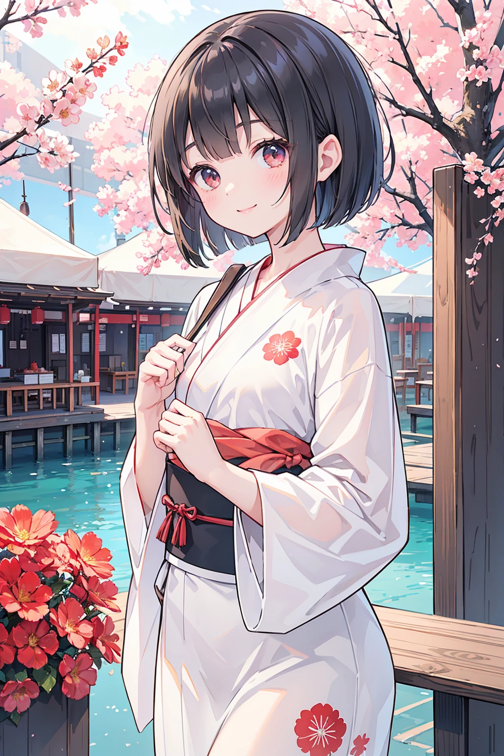 Photorealistic、Highest quality、Highest Resolution、Highest quality、8K、1人のBeautiful woman、Beautiful woman、Beautiful woman、cute、Bob Cut Hair、Dark Hair Color、Floral red yukata、Summer festival、noon、morning、cloudy、Lots of food stalls、looks fun、smile、