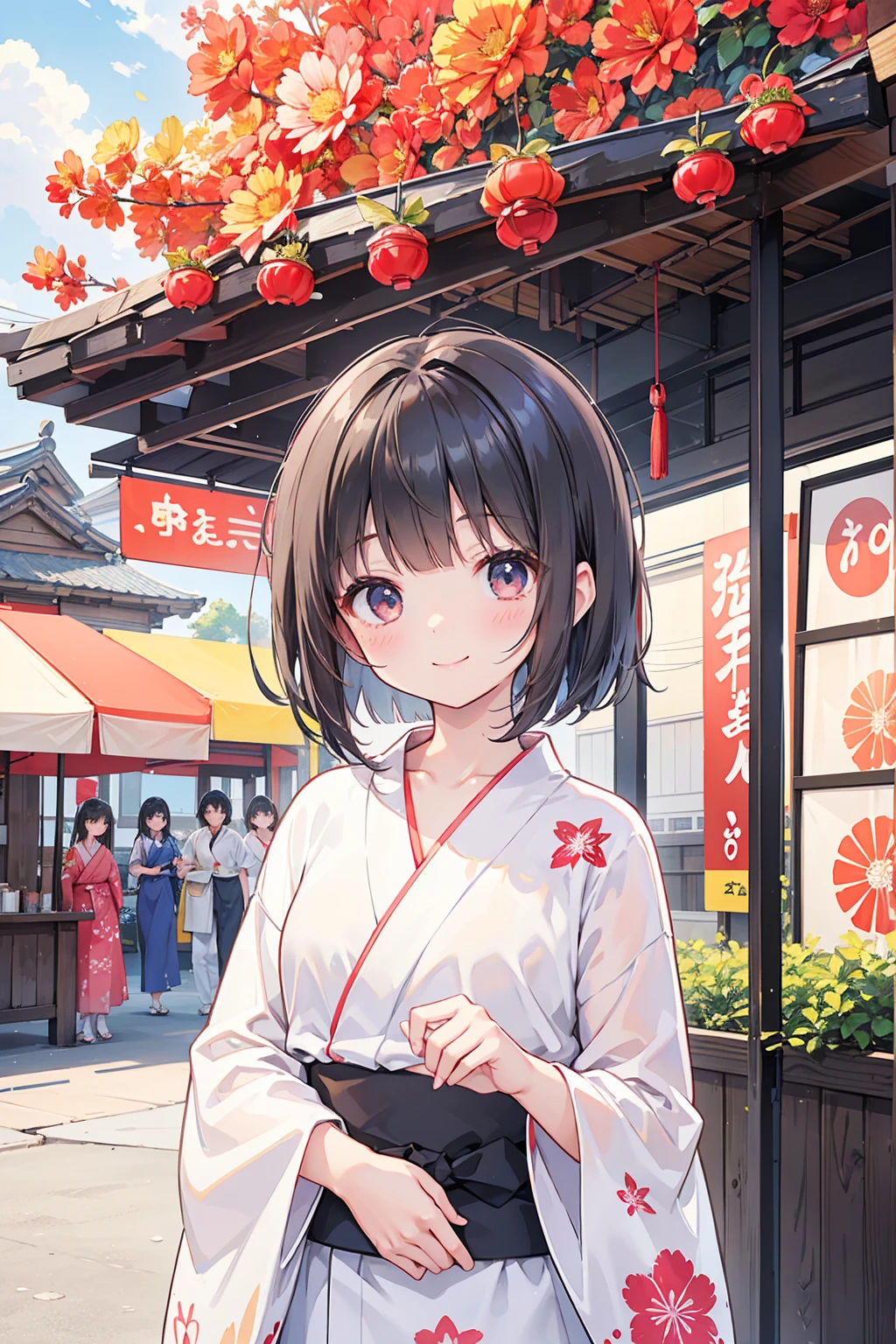 Photorealistic、Highest quality、Highest Resolution、Highest quality、８Ｋ、1人のBeautiful woman、Beautiful woman、Beautiful woman、cute、Bob Cut Hair、Dark Hair Color、Floral red yukata、Summer festival、noon、morning、cloudy、Lots of food stalls、looks fun、smile、