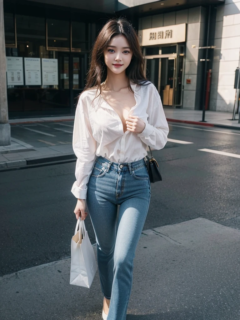 (((Full body image of a woman))), Instagram Model . Full body portrait of a fashion model, Glamour, Long black wavy hair, (((Bright Blue Eyes))), Mischievous Smile, Very detailed顔, Very fine grain. Large chest. ((Low rise jeans that fit snugly against the skin)),((White cotton shirt, unbuttoned to show chestの谷間)), Mid height heels, ((Handbags)). shopping, chest, chestの谷間, 8K, high quality, masterpiece, 最high quality, High resolution, Very detailed, Volumetric lighting, Realistic