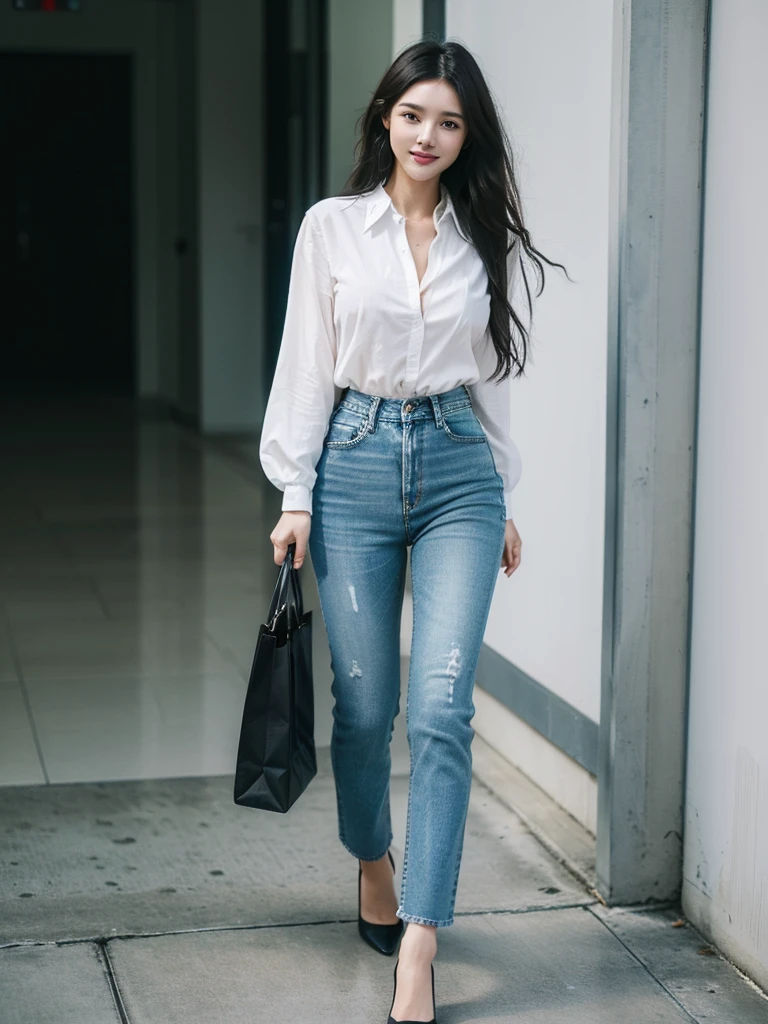 (((Full body image of a woman))), Instagram Model . Full body portrait of a fashion model, Glamour, Long black wavy hair, (((Bright Blue Eyes))), Mischievous Smile, Very detailed顔, Very fine grain. Large chest. ((Low rise jeans that fit snugly against the skin)),((White cotton shirt, unbuttoned to show chestの谷間)), Mid height heels, ((Handbags)). shopping, chest, chestの谷間, 8K, high quality, masterpiece, 最high quality, High resolution, Very detailed, Volumetric lighting, Realistic