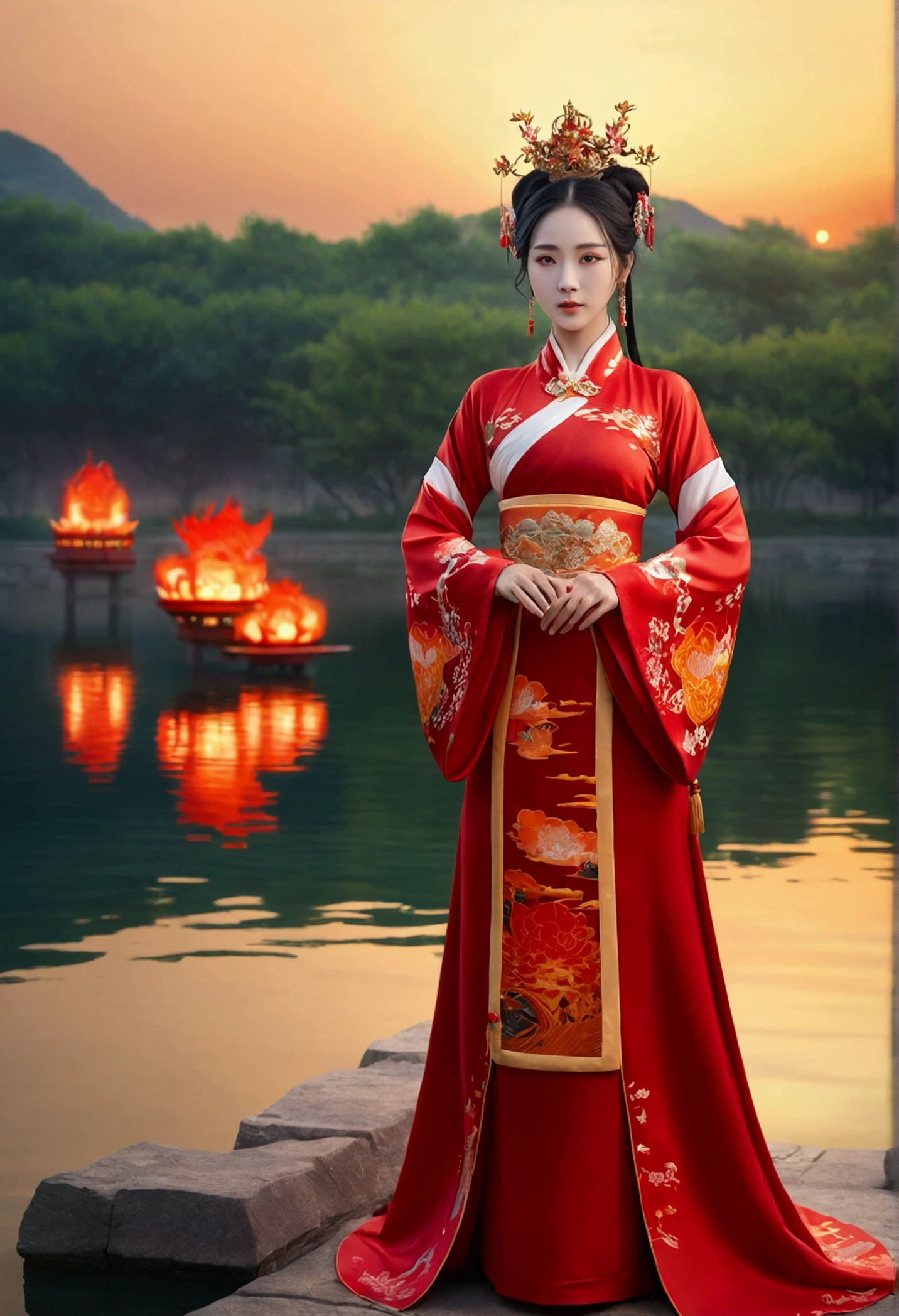 arafed woman in a red dress standing in front of a body of water, a beautiful fantasy empress, inspired by Du Qiong, ((a beautiful fantasy empress)), anime goddess, appears as the fire goddess, full body xianxia, palace , a girl in hanfu, chinese style, beautiful render of tang dynasty, chinese costume