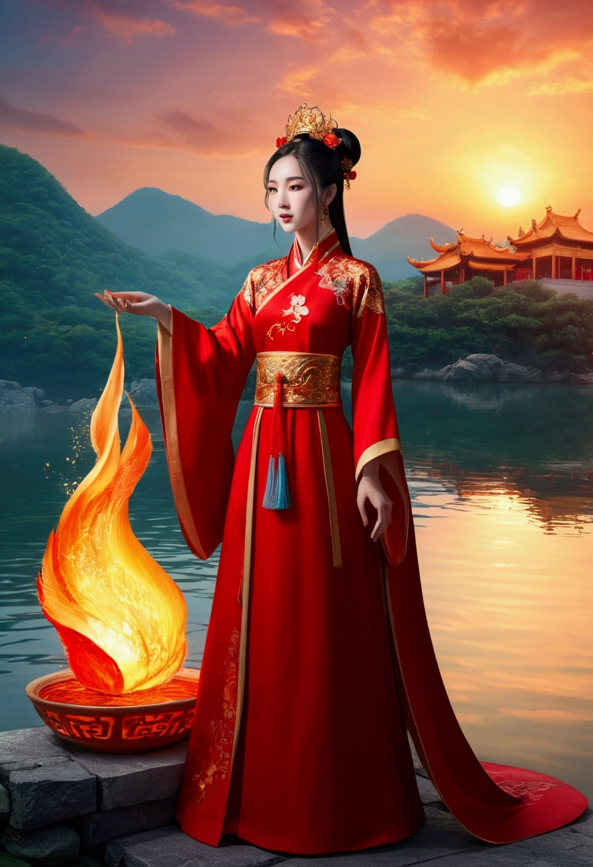 arafed woman in a red dress standing in front of a body of water, a beautiful fantasy empress, inspired by Du Qiong, ((a beautiful fantasy empress)), anime goddess, appears as the fire goddess, full body xianxia, palace , a girl in hanfu, chinese style, beautiful render of tang dynasty, chinese costume
