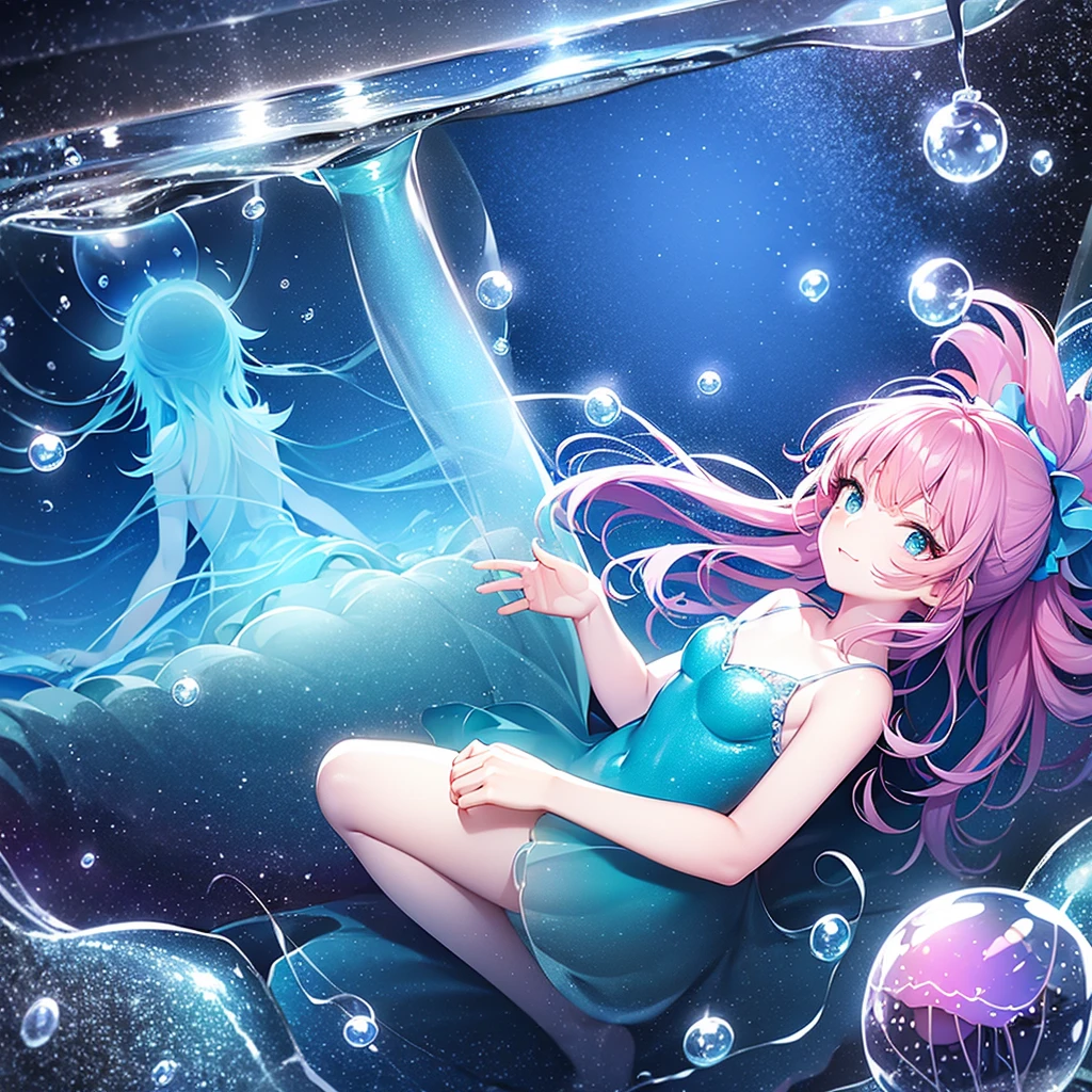 ((inside a big glass ball))(underwater) (floating bubbles) Under the sea ((fantastic starry sky )) (jellyfish) (Healing)((little)) (transparent dress)(sit) The Little Mermaid pink hair
blue Eye