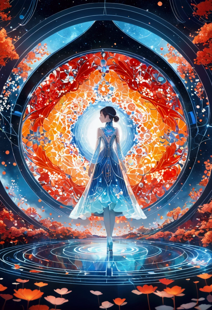 Anime style,Dynamic Angle,Beautiful girl with blue gradient dissolving pixels,The delicate face gradually disappears, Twisted but still fascinating, Thousand Flower Glass, swirl, Abstract Aesthetics, fantasy,magic,mystery,illusory,Dreamy,futuristic tech wear, red symmetry, Concept map of the scene, Ultra-high resolution, masterpiece, best quality,Octane Rendering,Concept map of the scene,