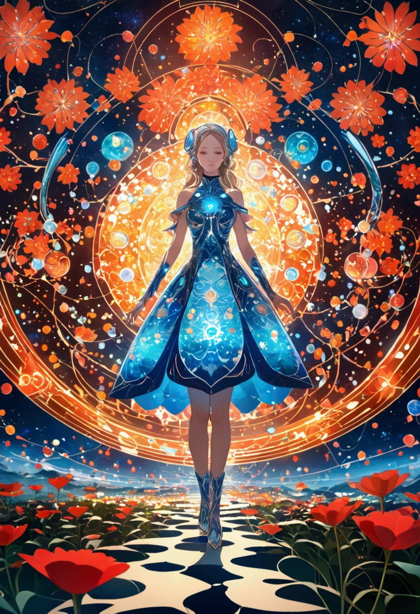 Anime style,Dynamic Angle,Beautiful girl with blue gradient dissolving pixels,The delicate face gradually disappears, Twisted but still fascinating, Thousand Flower Glass, swirl, Abstract Aesthetics, fantasy,magic,mystery,illusory,Dreamy,futuristic tech wear, red symmetry, Concept map of the scene, Ultra-high resolution, masterpiece, best quality,Octane Rendering,Concept map of the scene,