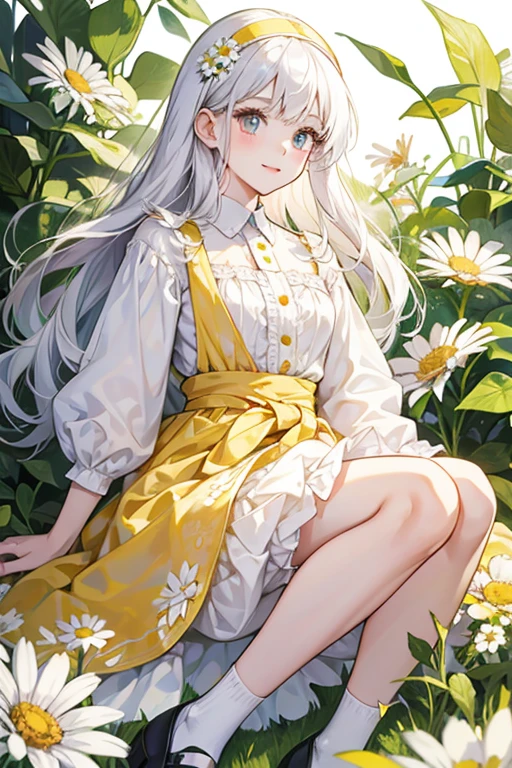 Happy is a fair-skinned girl with pale pink cheeks and black button eyes. She has pure white hair with short bangs. Daisies are on both sides of her head and she wears a yellow headband.
Her dress consists of a yellow blouse and a floral shaped white skirt. Around her waist is an ivy-green belt and matching colored bloomers. Her shoes are yellow Mary Janes. SPARKLE; GLITTER