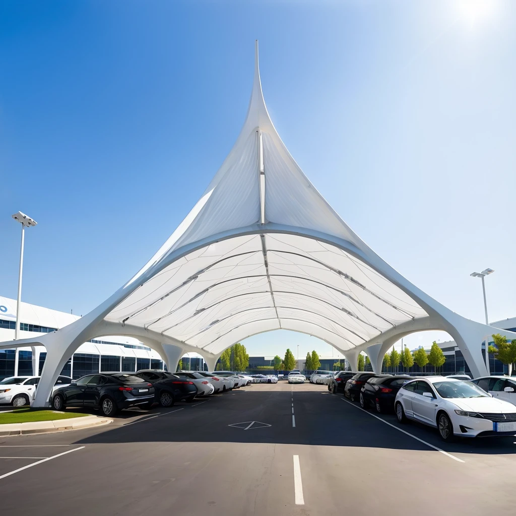 Cars parked in a parking lot under a white structure, canopee, Business photo, tent architecture, shutter, in style of zaha hadid architect, Canopies, norman foster style, low angle wide shot, Extremely detailed front angle, 9 ball.8mm wide angle lens, Full Height View, Very detailed wide angle photos, White arches