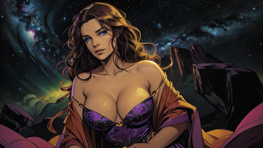 Background: a realm where galaxies collide and celestial clouds swirl. A glow from a thousand cosmic furnaces.
Foreground: a beautiful woman, divine, regal, celestial in appearance. She has long, flowing, dark hair, wide eyes, wearing a long sheer gown cut low in the front, revealing ample cleavage, and cut up the side to her hip. Add bright, contrasting swirls of yellow, red, purple and green.