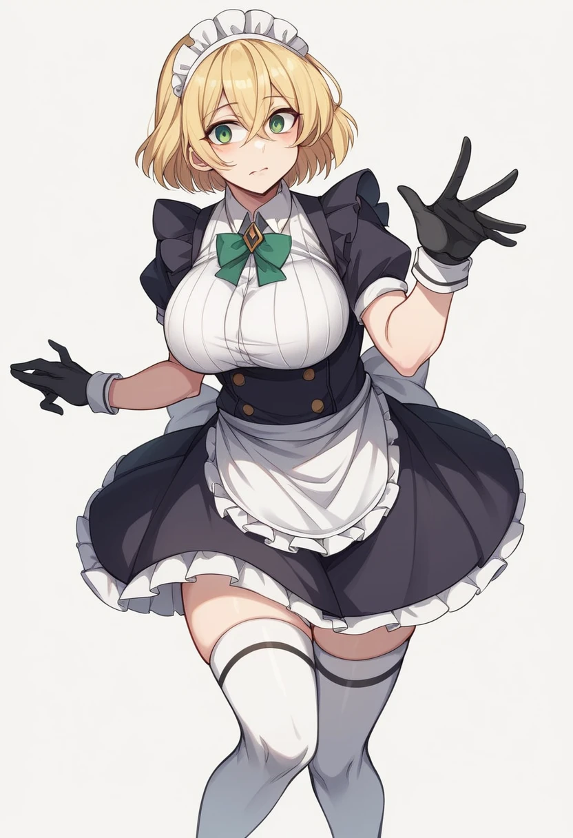 (One girl)、bob cut、flipped hair、((Blonde))、(Sato Air)、Sakuya Izayoi、slan eyes、(Big super breasts)、(Chubby)、beautiful girl、[[Big thighs]]、green eye、(Maid clotheini skirt)、No sleeve、White sleeveless、((thigh-high socks thighhighs))、(long gloves)、say、White Background、