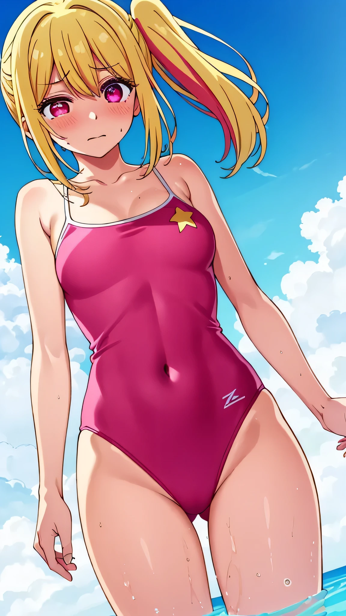 {{{masterpiece}}}, {{{best quality}}}, {{ultra-detailed}}, {illustration}, {{an extremely delicate and beautiful}}, (beautiful detailed eyes:1.6), extremely detailed face, 8k, anime face, BREAK,1gril, ruby hoshino(Oshi no Ko), cute face, (blonde hair:1.5), long hair, bangs, multicolored hair, two-tone hair, side ponytail, sidelocks, (pink eyes:1.5), (Star pupil in left eye:1.5), (Pink right eye:1.5), medium breasts, thin waist, big hips, curvaceous, BREAK, one-piece swimsuit,(gris swimsuit:1.3), strap slip, swimsuit aside, blush, bare arms, wet, pool, embarrassed, surprised face, flushed cheeks, thighs, covering with one hand, bare arms, cowboy shot, standing, outdoor, sky, daytime, Dutch angle