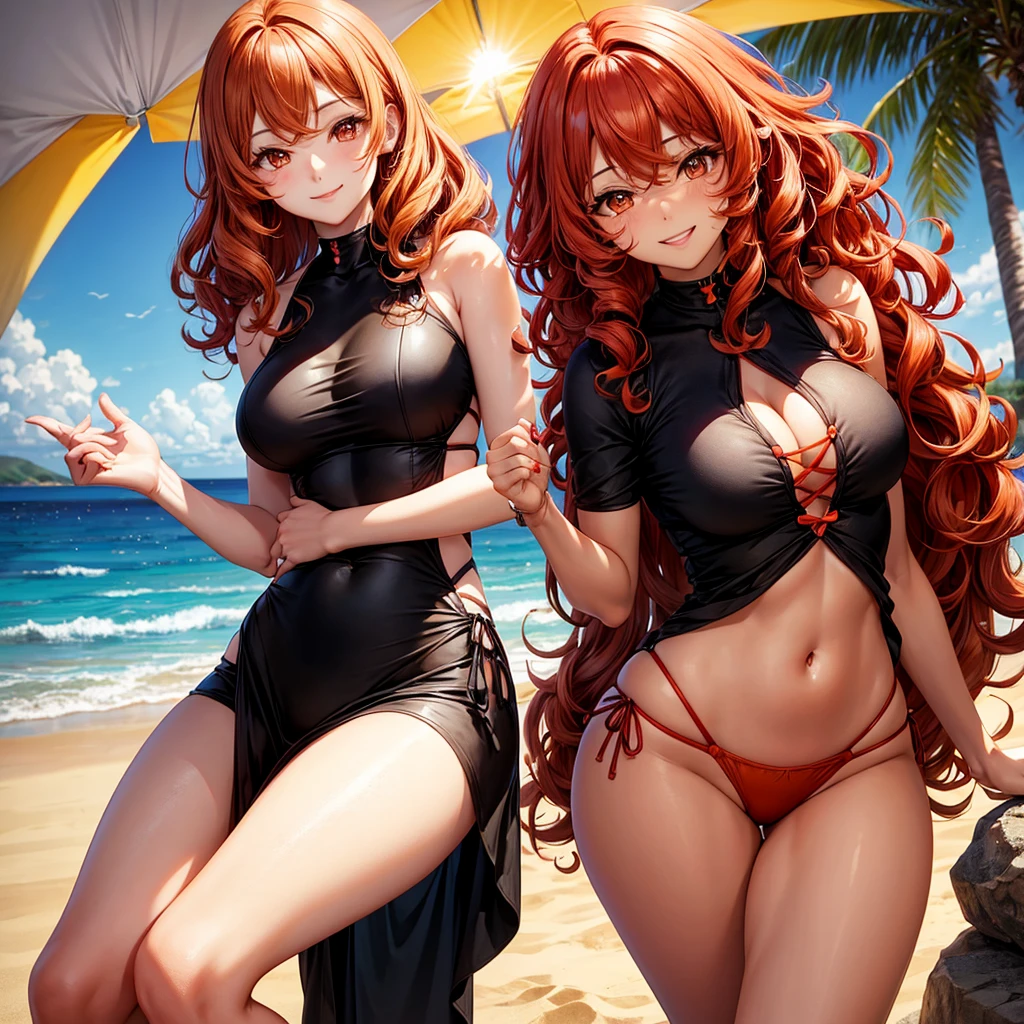 Curly hair woman, red and orange hair, black almond eyes, the expression is relaxed but with a smile,the background is a beach at sunset 