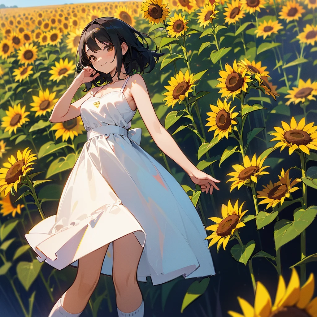 (high quality, High resolution, Very detailed, reality:1.37), Peaceful atmosphere, (Sunflower field),  girl standing alone, (my breasts are big.), Beautiful details, Cute Smile, (Black bob hair), White camisole dress, White socks, loafers.